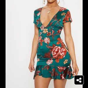 Emerald Green Cross Back Frill Hem Bodycon Dress